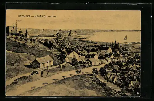 AK Neusiedl am See, Ortsansicht von oben, mit Strasse, Tabor-Ruine und Blick auf den See