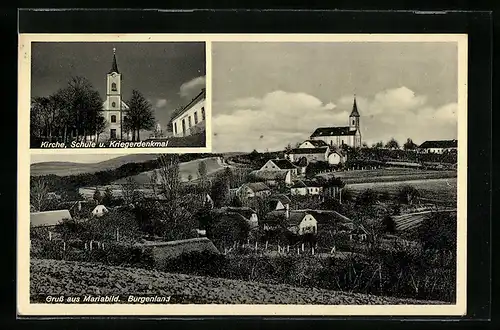 AK Mariabild, Kirche, Schule und Kriegerdenkmal, Gesamtansicht von einem Acker aus