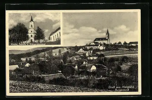 AK Mariabild, Kirche, Schule und Kriegerdenkmal, Ortsansicht von einem Acker aus