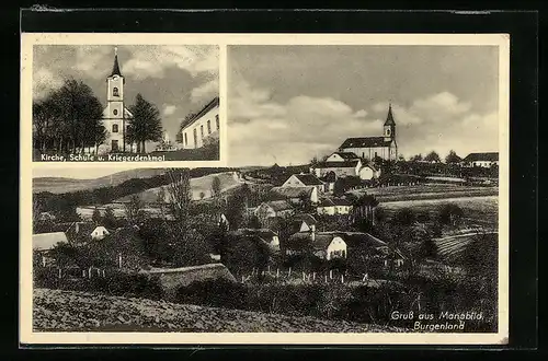 AK Mariabild, Kirche, Schule und Kriegerdenkmal, Totalansicht von einem Acker aus