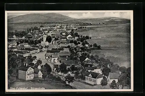 AK Ober-Pullendorf, Ortsansicht mit Günserstrasse und Bergpanorama aus der Vogelschau