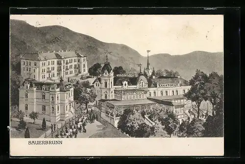 AK Sauerbrunn, Ortspartie mit Sanatorien und Bergpanorama aus der Vogelschau