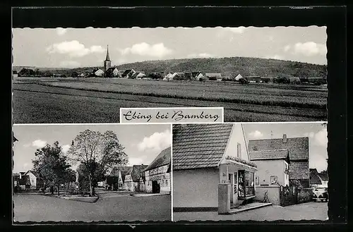 AK Ebing b. Bamberg, Gemischtwaren von Ewald Mahr, Strassenpartie, Panorama