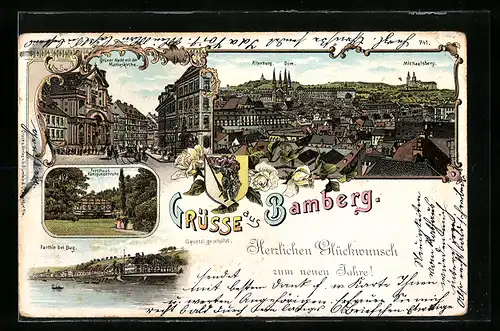 Lithographie Bamberg, Grüner Markt mit der Martinskirche, Altenburg, Dom, Michaelsberg, Forsthaus Kunigundenruhe