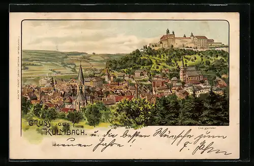 Lithographie Kulmbach, Gesamtansicht aus der Vogelschau