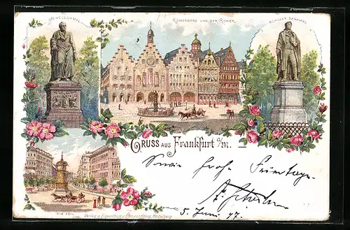 Lithographie Frankfurt a. M., Die Zeil, Römerberg und der Römer, Göthe-Denkmal