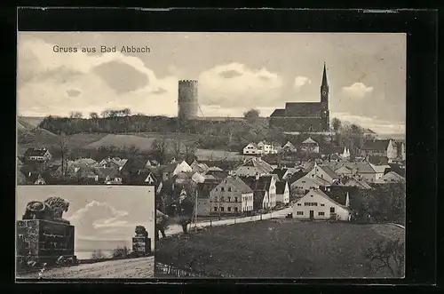AK Bad Abbach, Ortsansicht mit Kirche und Turm, Löwenstatuen