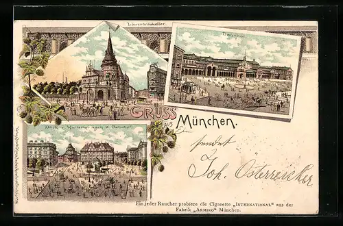 Lithographie München, Gasthaus Löwenbräukeller, Bahnhof, Karlstor