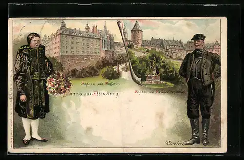 Lithographie Altenburg, Schloss m. Kriegerdenkmal u. Auffahrt