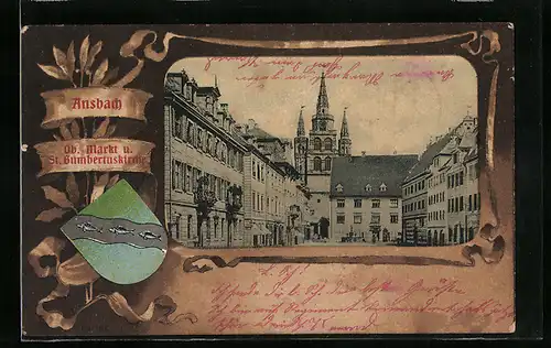 AK Ansbach, Oberer Markt mit St. Gumbertuskirche, Wappen