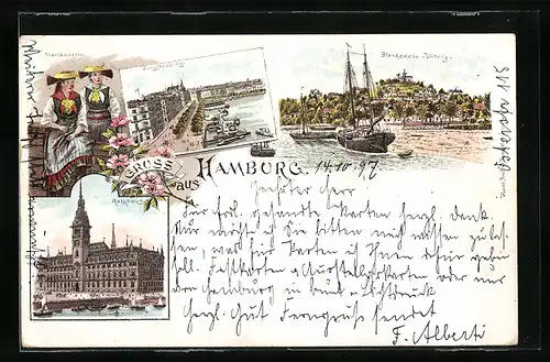 Lithographie Hamburg, Jungfernstieg, Vierländerin, Rathaus