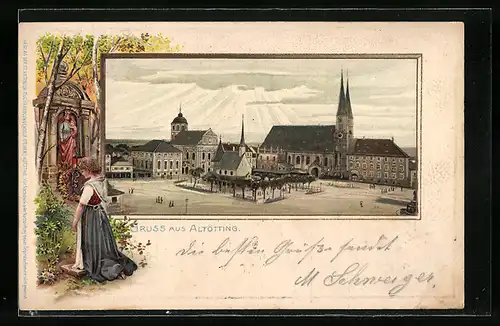Passepartout-Lithographie Altötting, Marktplatz mit Kirche