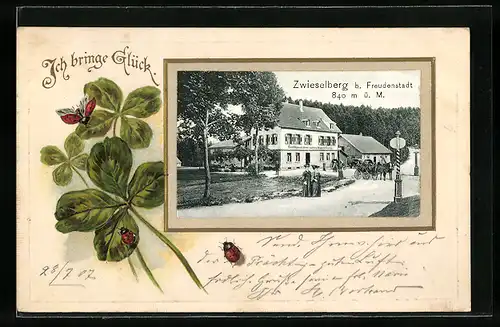 Passepartout-Lithographie Zwieselberg bei Freudenstadt, Gasthaus zum Auerhahn, Kleeblätter mit Marienkäfern