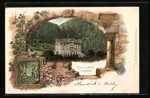 Passepartout-Lithographie Triberg, Ansicht vom Schwarzwaldhotel, Wappen