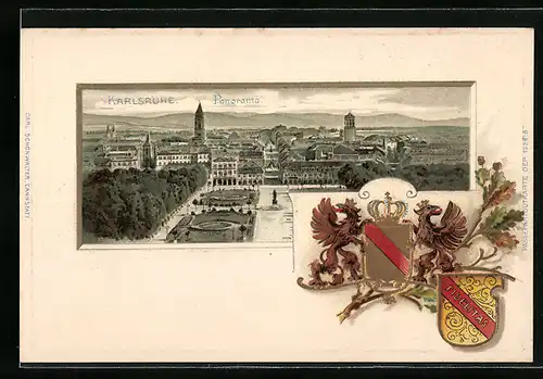 Passepartout-Lithographie Karlsruhe, Panorama und Wappen