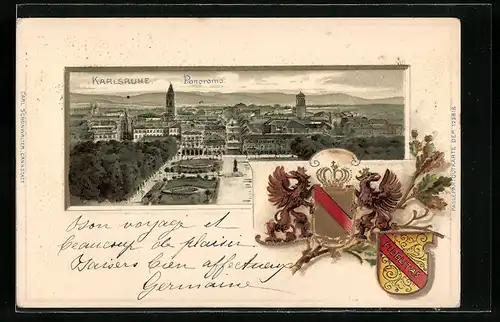 Passepartout-Lithographie Karlsruhe, Panorama, Wappen