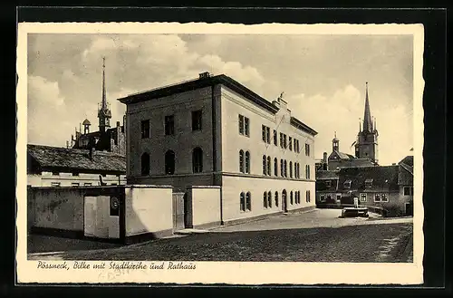 AK Pössneck, Bilke mit Stadtkirche und Rathaus