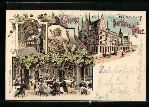 Lithographie München, Gasthaus Rathaus-Keller, Innenansicht, Mann an der Treppe