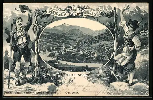 AK Schellenberg, Panorama, Bersteiger winkt Frau, Passepartout