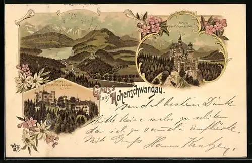 Lithographie Hohenschwangau, Schloss Hohenschwangau, Schloss Neu-Schwanstein, Ortsansicht