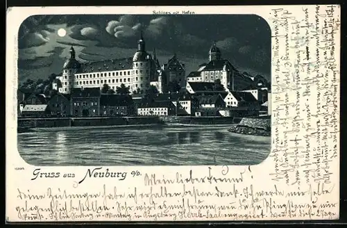 Lithographie Neuburg a. D., Schloss mit Hafen bei Nacht