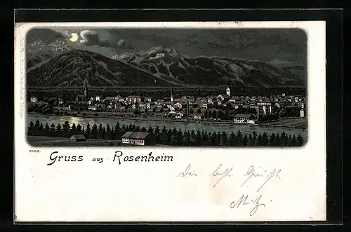 Lithographie Rosenheim, Blick über den Fluss auf die Stadt bei Nacht