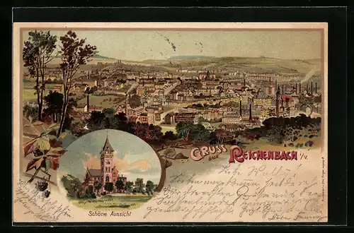 Lithographie Reichenbach, Teilansicht von der Schönen Aussicht und Totalansicht von der Stadt