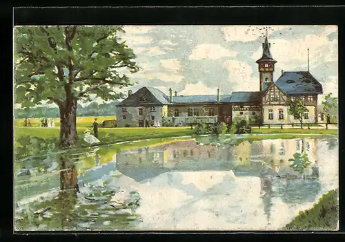 Künstler-AK Gera, Gasthaus Waldschlösschen Ernsee