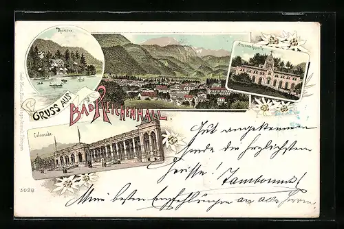 Lithographie Bad Reichenhall, Totalansicht mit Colonnade und Brunnenkapelle