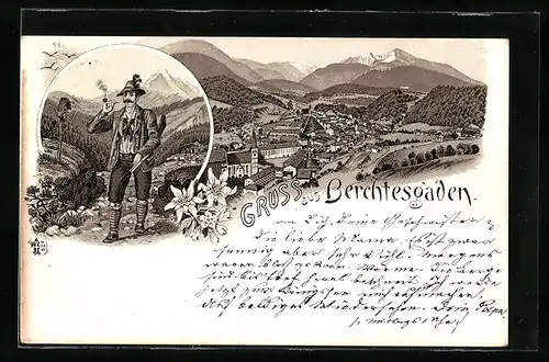 Lithographie Berchtesgaden, Panorama mit Kirche, Jäger mit Gewehr