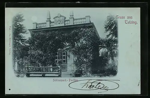 Mondschein-AK Tutzing, Schlosspark-Pavillon