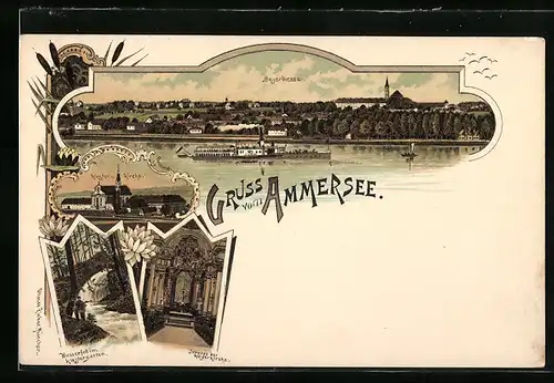 Lithographie Diessen, Ortsansicht, Dampfer auf dem Ammersee, Kloster & Kirche