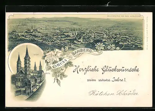 Lithographie Bamberg, Panorama von der Altenburg, Dom