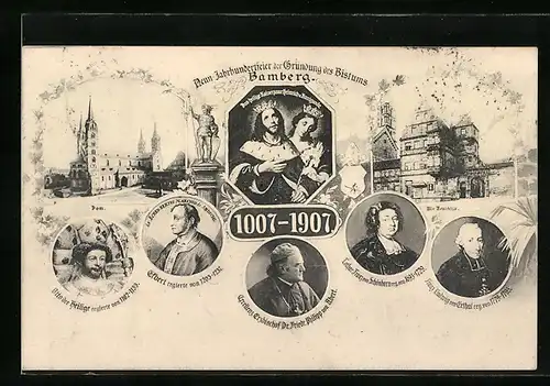 AK Bamberg, Jahrhundertfeier der Gründung des Bistums, Dom, Alte Residenz, Heiliges Kaiserpaar Heinrich und Kunigunde