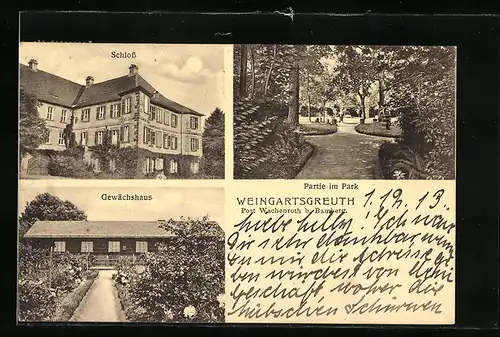 AK Weingartsgreuth, Schloss, Gewächshaus, Parkpartie