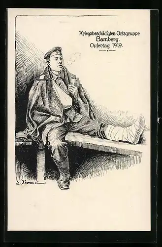 AK Bamberg, Kriegsbeschädigten-Ortsgruppe, Opfertag 1919, Soldat mit bandagiertem Bein und Arm