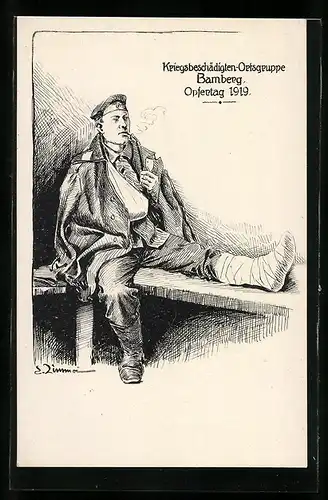 AK Bamberg, Kriegsbeschädigten-Ortsgruppe, Opfertag 1919, Soldat mit bandagiertem Bein und Arm