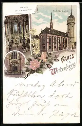 Lithographie Wittenberg, Schlosskirche mit Innenansicht, Thesentür