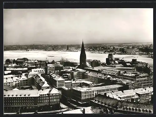 AK Kiel, Blick vom Rathausturm auf die winterliche Altstadt 1963