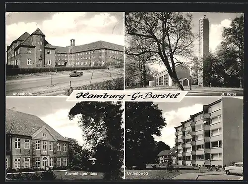 AK Hamburg-Gr. Borstel, Stavenhagenhaus, Kirche St. Peter, Altersheim