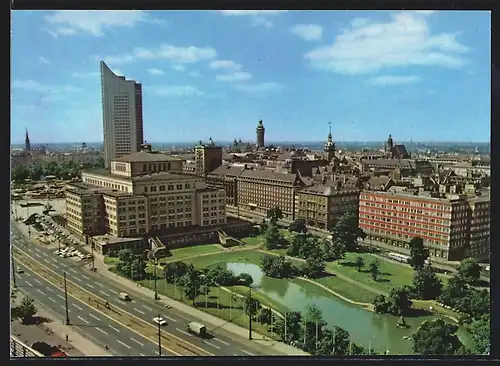 AK Leipzig, Blick auf die Stadt mit Oper und Hochhaus der Karl-Marx-Universität