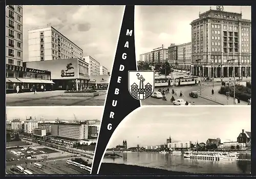 AK Magdeburg, Interhotel International, Karl-Marx-Strasse mit Geschäften, Wilhelm-Pieck-Allee