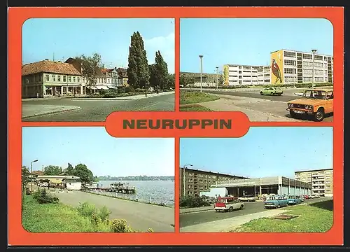 AK Neuruppin, Karl-Marx-Strasse, Karl-Liebknecht-Oberschule, Anlegestelle der Weissen Flotte am Ruppiner See, Kaufhalle