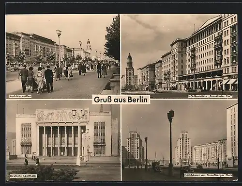 AK Berlin, HO-Gasthaus Frankfurter Tor, Deutsche Sporthalle, Hochhäuser am Straussberger Platz