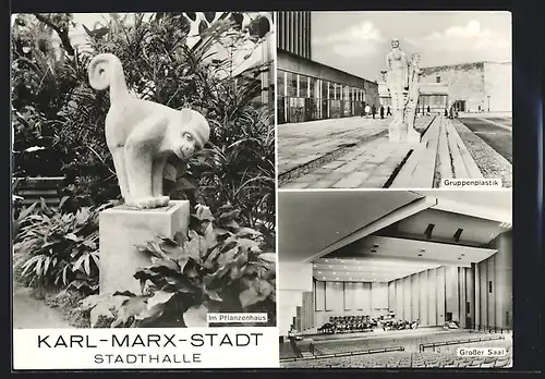 AK Karl-Marx-Stadt, Stadthalle, Inneres Grosser Saal, Im Pflanzenhaus, Gruppenplastik
