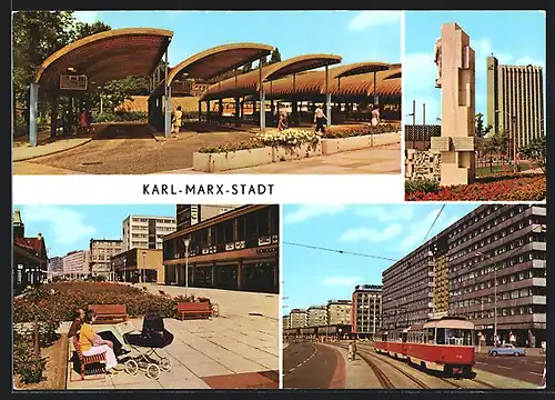 AK Karl-Marx-Stadt, Busbahnhof, Strassenbahn, Am Rosenhof, Strasse der Nationen