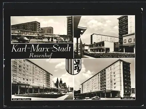 AK Karl-Marx-Stadt, Rosenhof, Blick vom Markt, Tanzbar Kosmos, Wappen