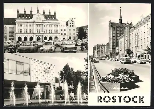 AK Rostock, Cafe Newa-Bar, Lange Strasse mit Geschäften, Rathaus