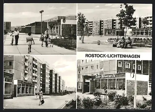 AK Rostock-Lichtenhagen, Cafe Möweneck, Strassenpartie mit Geschäft, Ortspartie