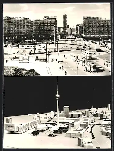 AK Berlin, Alexanderplatz und Modell mit dem Fernseh- und UKW Turm der Deutschen Post